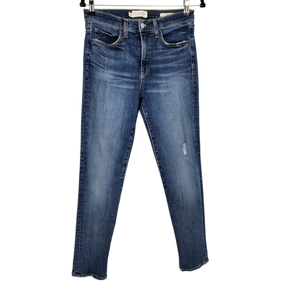 Nili Lotan Classic Medium Wash Distressed Mid Rise Stretch Skinny Jeans Size 28